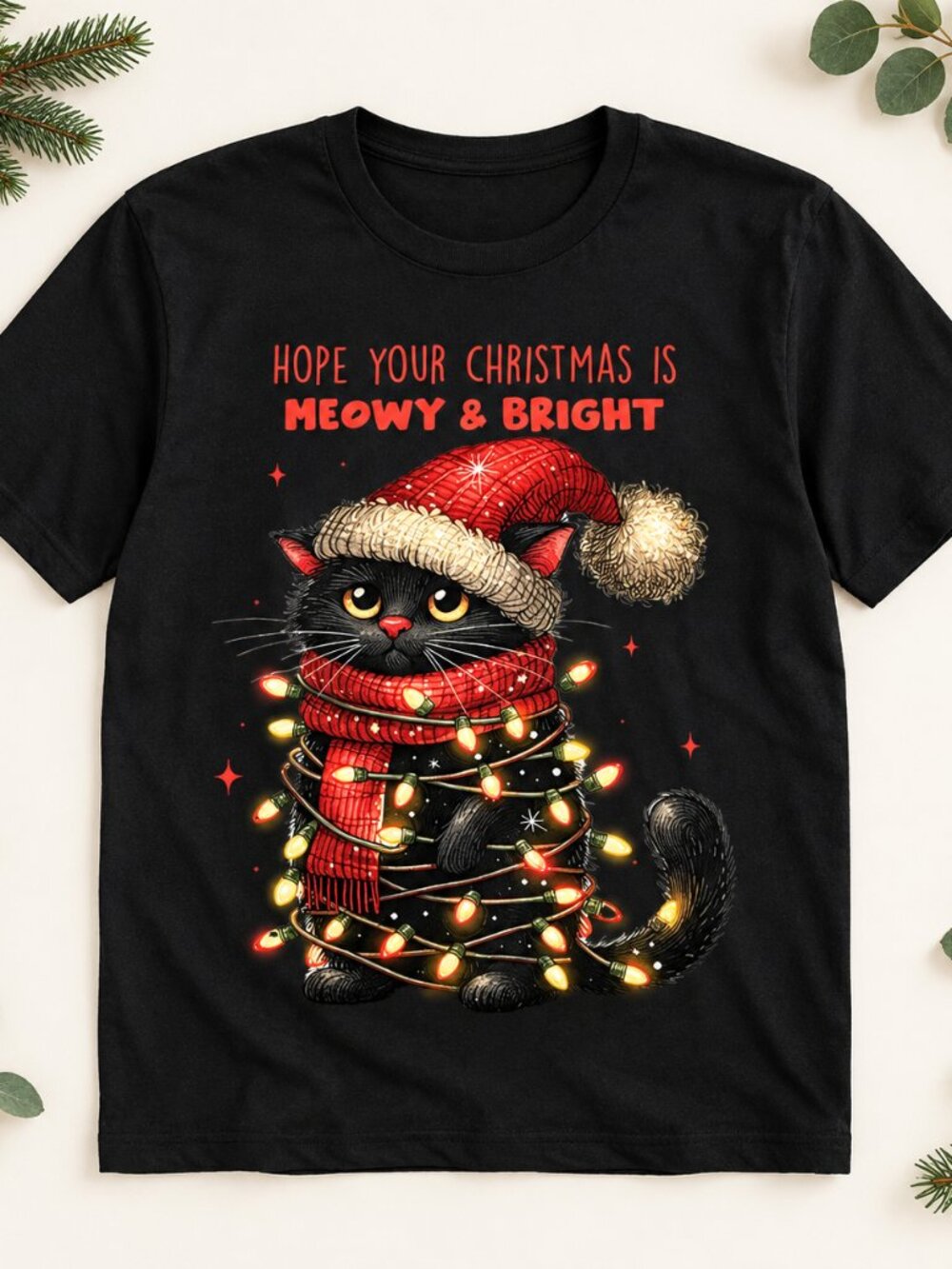 Funny Cat Graphic T-Shirt for Women Cute Kitten Christmas Tee Meowy Bright